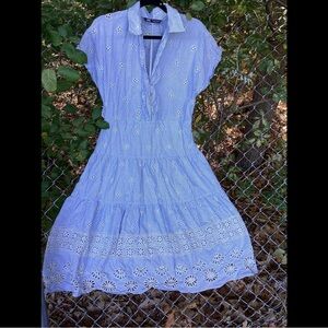 S New Zara Blue White Pin Stripe Eyelet Open Back Shirt Dress Cotton